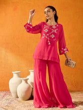 Girls Fuchsia Gota Embroidered Top With Palazzos-NVSETS9937