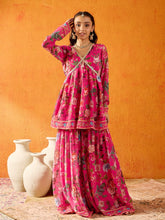 Girls Fuchsia Floral Peplum Top with Sharara Pants-NVSETS9938