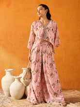 Girls Peach Floral Crop Top With Palazzos-NVSETS9942