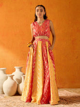 Girls Yellow & Orange Brocade Skirt With Crop Top-NVSETS9945