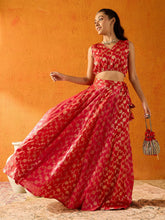 Girls Red &Fuchsia Brocade Skirt With Crop Top-NVSETS9946