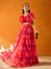 Girls Red Geometric Printed Skirt With Crop Top-NVSETS9947