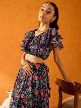 Girls Navy Blue Floral Skirt With Crop Top-NVSETS9948