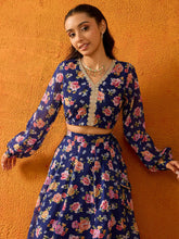 Girls Blue Floral Skirt With Crop Top-NVSETS9949