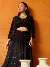 Girls Black Embroidered Skirt With Crop Top-NVSETS9951