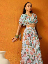 Girls Blue Floral Skirt With Crop Top-NVSETS9953