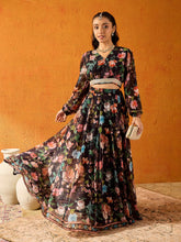 Girls Black Floral Skirt With Crop Top-NVSETS9956