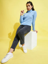 Girls Blue Rib High Neck Top