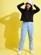 Girls Black Terry Front Button Boxy Top