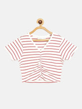 Girls White & Red Pinstripes Rouched Front Crop Rib Top