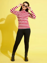 Girls Red & White Stripes Full Sleeve High Neck Rib Top