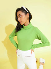 Girls Green Rib Full Sleeves High Neck Top
