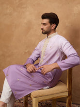 Ethnic Bay Men Purple Silk Blend Solid Embroidered Straight Kurta With Pant Set-MKSET1487