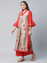 Red & Brown Chanderi Printed Kurta Palazzo Set-AHKUPZ-COMBO-460