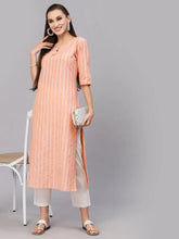 Women's Self Woven Striped Cotton Blend Straight Kurta-ORANGEYASHI-S