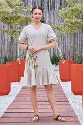 Plus Size Off White Hand painted Cotton Flared Dress-CL-SW-3048