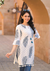 Azure Breeze Cotton Tassel Kurta-P1005WHITE