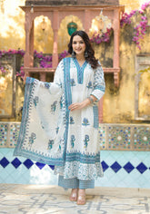 White Floral Printed Cotton A-line Kurta Pant And Dupatta Set-P1013WHITE_OF