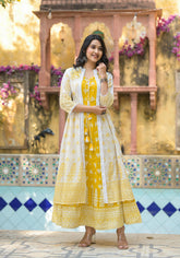 Mustard Ethnic Motif Printed Cotton Kurta & Shrug With Doris-P1024MUSTARD