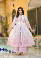 Pink Ethnic Motif Printed Cotton Kurta & Shrug With Doris-P1024PINK