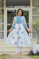 White Floral Printed Cotton Kurta With Buttons-P1038WHITE
