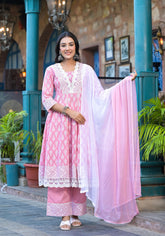 Powder Rose Lace-Trim Printed Kurta Set with Dupatta-P1074PINK_OF