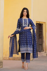 Women Navy Printed Kurta Pant Dupatta-P1089NAVY_ON
