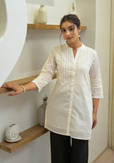 White Solid Cotton Tunic With Schiffli Work-P1112WHITE