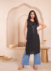 Black Geometric Embroidered Viscose Kurta with Mirror & Thread Work-P11153BLACK