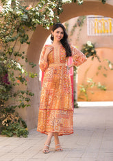 Orange Abstract Printed Chiffon Long Dress With Belt-P1125ORANGE