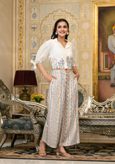 White Floral Embroidered Crop Shirt with Pastel Printed Palazzo Set-P1127MULTI_OF