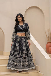 Black & White Printed Lehenga Choli Set with Ethnic Motifs