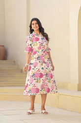 Pink Floral Printed Cotton Long Dress With Belt-P1169PINK