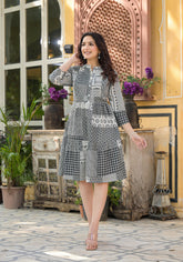 Black Geometric Printed Cotton Short Dress With Buttons-P1172BLACK