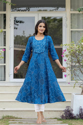 Women Blue Print With Embroidered Kurta-P1219BLUE_ON