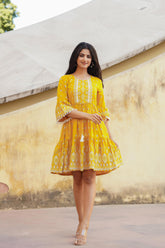 Mustard Ethnic Motif Printed Viscose Short Dress With Doris & Tassels-P1229MUSTARD