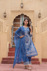 Indigo Bloom Ethnic Print Straight Kurta Set with Dupatta-P1253BLUE