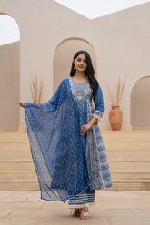 Indigo Breeze Printed & Embroidered Anarkali Kurta Set with Dupatta”-P1254BLUE