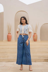 White Embroidered Crop Top with Light Blue Wide-Leg Pants-P1260BLUE
