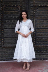 White Chanderi Geometric Printed Dress with Mirror Embroidery, Gota Lace & Glitter Work-P1280WHITE_ON