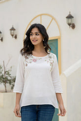 White Solid Viscose Tunic With Thread Work