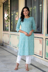Aqua Embroidered Floral Viscose Kurta with Sequins & Cotton Lace-P1289AQUA_ON