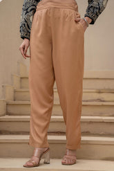 Women Dark Beige Viscose Solid Straight Pant-P1290BEIGE_ON