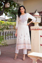 Women Offwhite Printed With Embroidered Straight Kurta-P1300OFFWHITE_ON