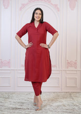 Maroon Cotton Linen Pleated Kurta-Pant Set with Cotton Lace-P1304MAROON