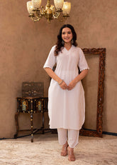 White Cotton Linen Pleated Kurta-Pant Set with Cotton Lace Detailing-P1304WHITE