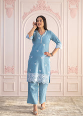 Powder Blue Embroidered Cotton Kurta with Palazzo & Lace Work-P1307POWDERBLUE