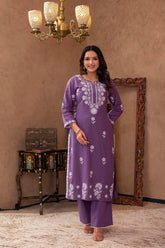Purple Embroidered Cotton Kurta with Palazzo-P1308PURPLE