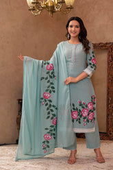 Sky Blue Cotton Slub Floral Printed Kurta-Pant & Dupatta Set with Lace, Thread Work & Button Closure-P1318SKYBLUE