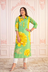 Green & Yellow Printed Viscose Kurta with Button Details-P1334GREEN